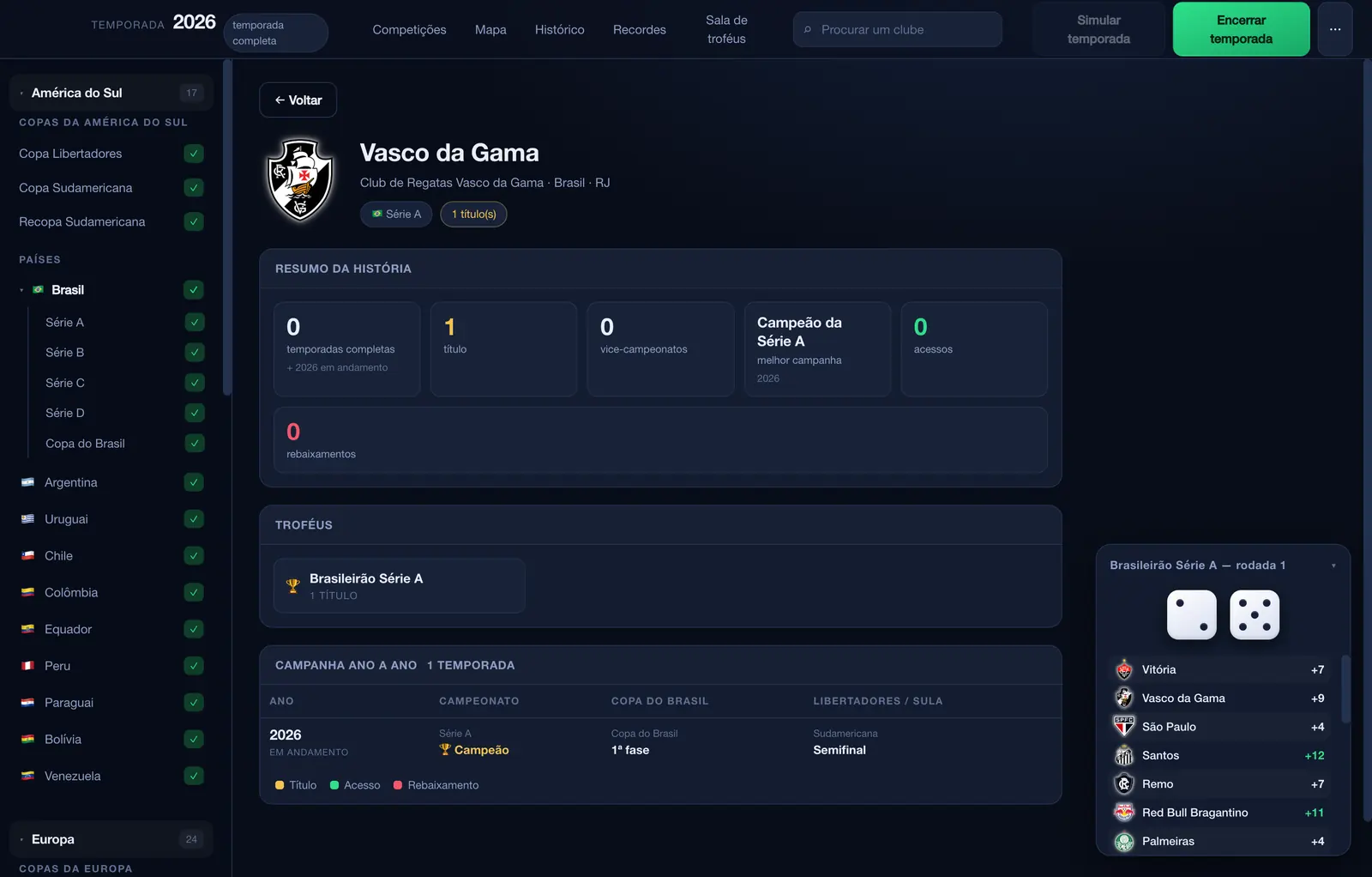 Club page showing squad, season campaign and history.