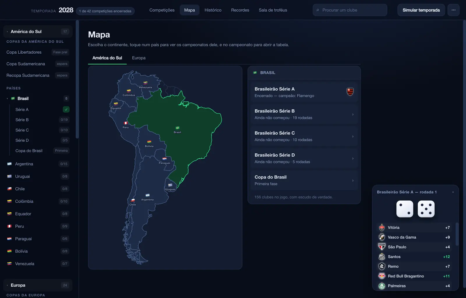 Map screen showing South America with Brazil highlighted and its competitions listed.