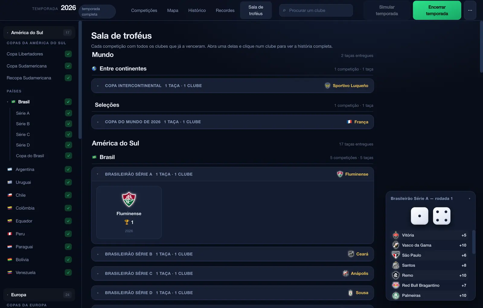 Trophy room screen displaying titles won across competitions.