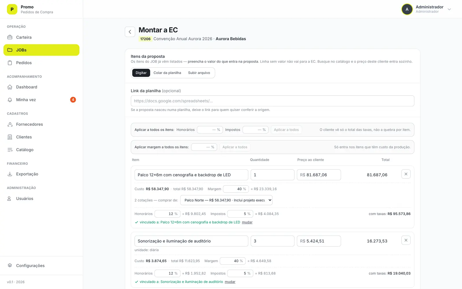 Quote builder showing per-line cost, margin, fees and tax for each proposal item.