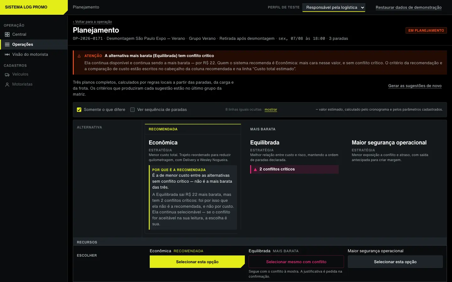 Comparison screen showing three routing plans side by side, each with cost, strategy and conflicts.