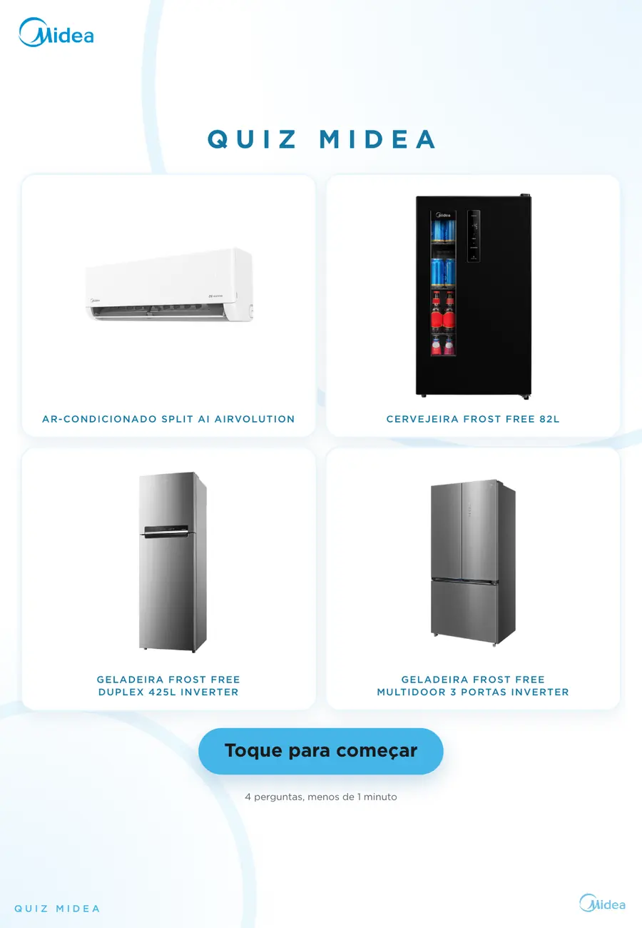 Midea quiz attract screen on a portrait touchscreen totem, showing four products.