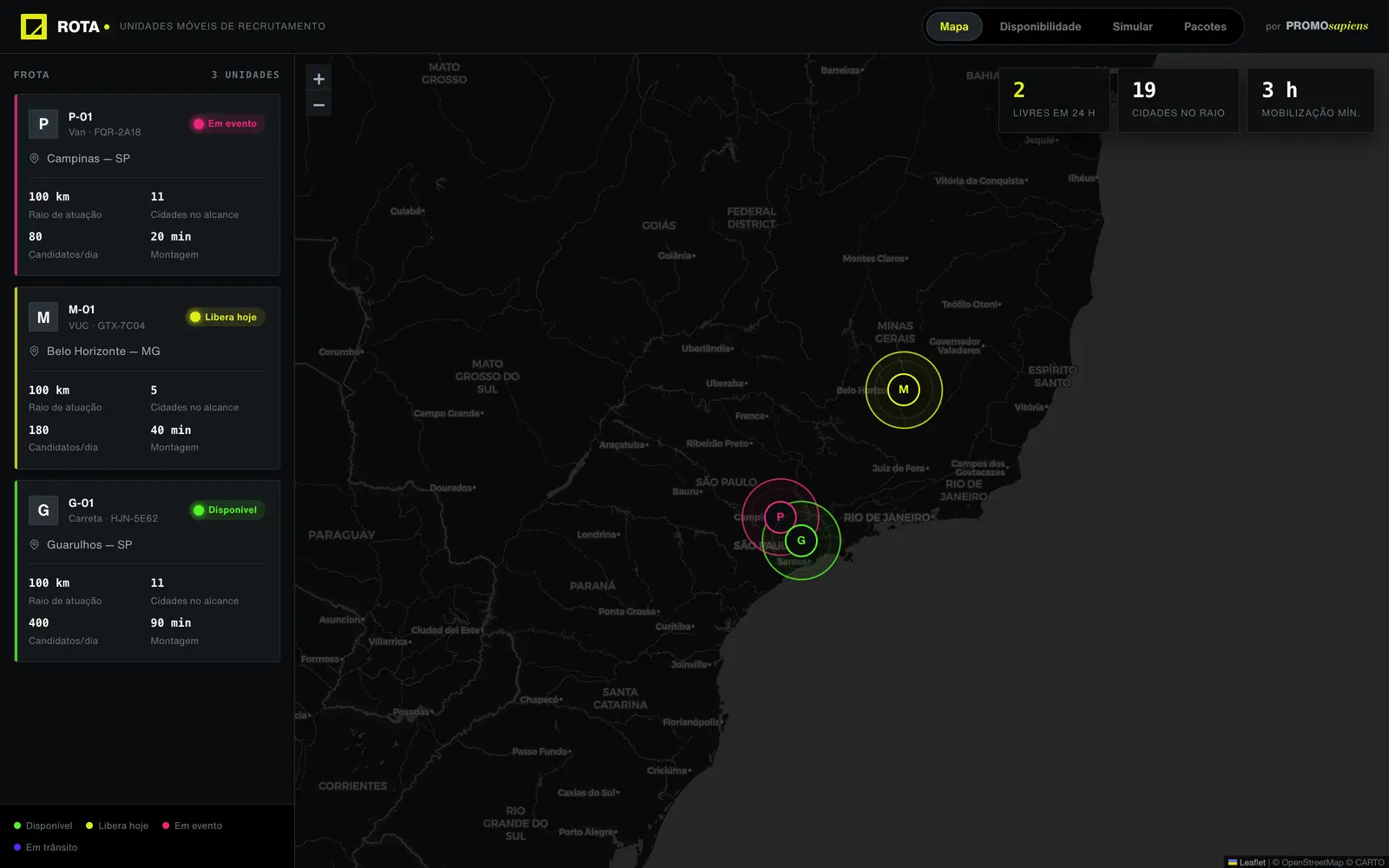 Dark map of southeast Brazil with three mobile units and their coverage radius.