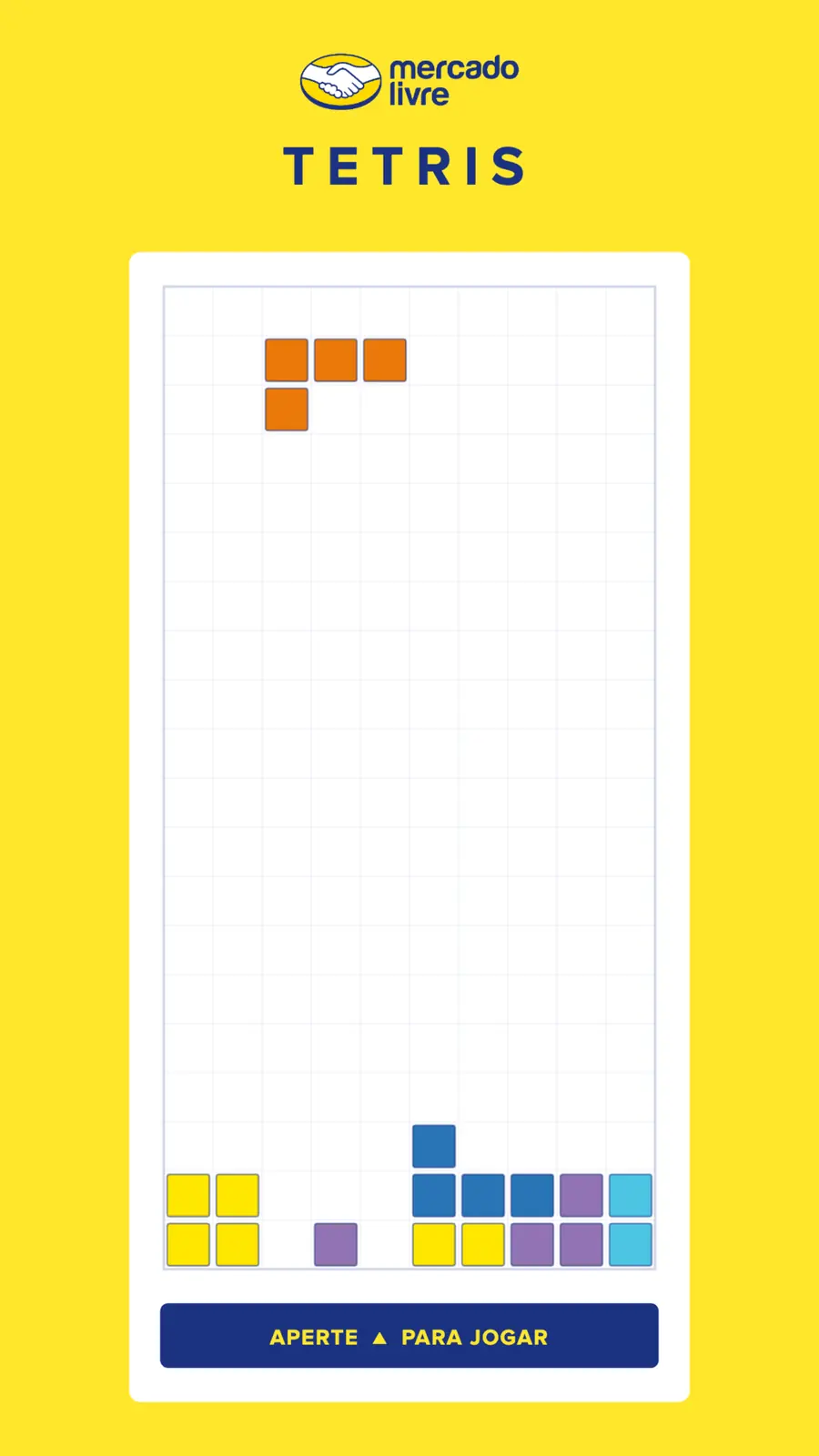 Mercado Livre branded Tetris running full screen in the arcade cabinet layout.
